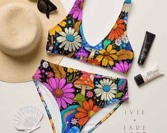 Kosmischer Blumen-Pilz-Bikini – Psychedelische Retro-Bademode – Bunter Festival-inspirierter Badeanzug mit hoher Taille