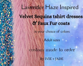 Puede incluir: Vestidos de camiseta de lentejuelas de terciopelo y abrigos de piel sintética inspirados en Lavender Haze en tu elección de colores. Tallas de adulto. Hecho a medida. Por IVIE + JADE.