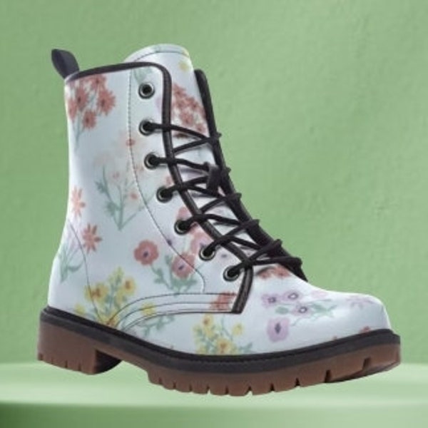 Blue Floral Combat boots | Boho ankle boots | Laceup Cottagecore boots | Folk floral boots | Pretty Retro Floral Boots | Y2K boots