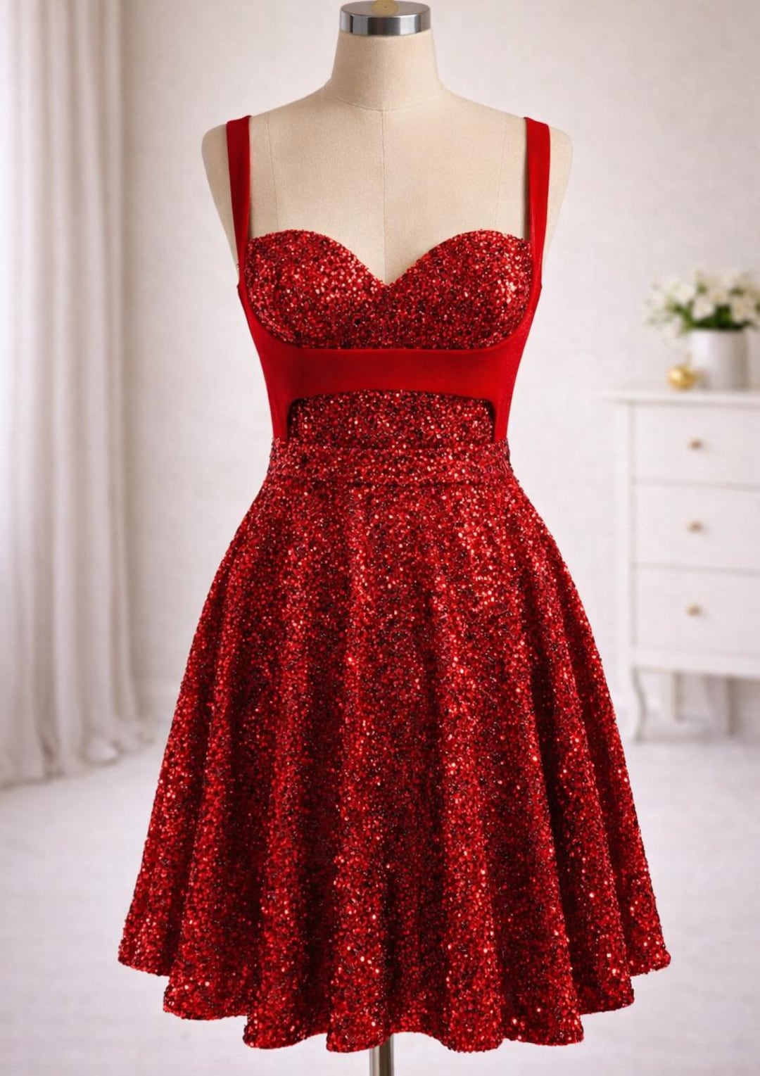 Red Sequin Sweetheart Dress - Twirly Retro-Inspired Cocktail Mini Red Sequin Sweetheart Dress - Twirly Retro-Inspired Cocktail Mini