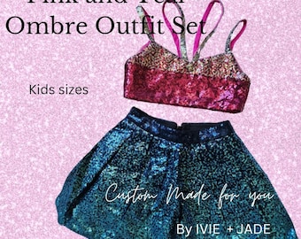 Girls Sequin Outfit – Pink Ombre Crop Top & Teal Skater Skirt