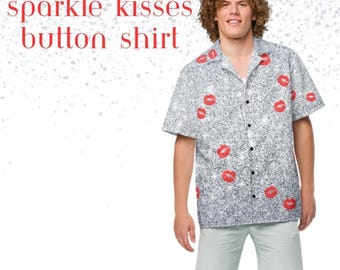 Sparkle Kisses Button-Down Shirt | Red Kiss Print Pop-Inspired Concert Outfit