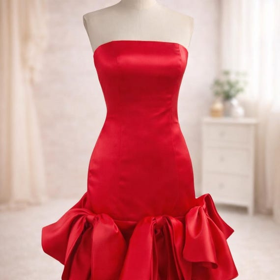 holiday mini cocktail dress Red Satin Bow Mini Dress