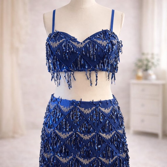トップス fringe design glitter summer knit Sparkly Sequin Fringe Two-piece Set – Crop Top & Mini Skirt