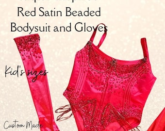 Traje de body de satén rojo para niña / Conjunto de estrella del pop con cuentas y guantes