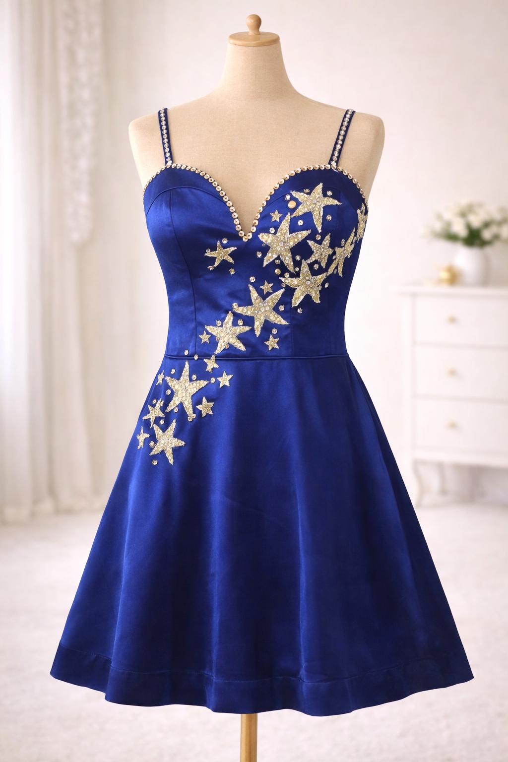 Blue Satin Star Mini Dress - Celestial Sparkle Party & Performance Dress