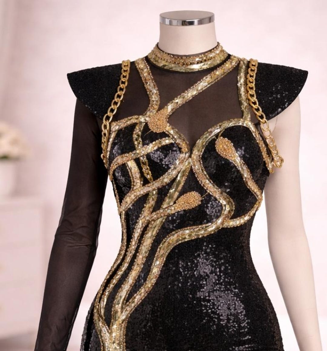 Rhinestone Snake Asymmetric Bodysuit - Sparkly Gold & Black Performance Jumpsuit
