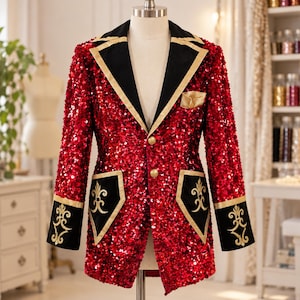May include: A red sequinned blazer featuring black lapels with gold trim, two gold buttons, and black pocket flaps and cuffs adorned with gold embroidered fleur-de-lis patterns. A small gold pocket square is tucked into the left chest pocket.