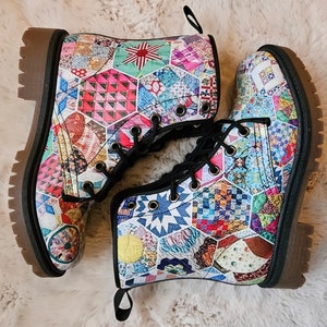 Colorful Floral Quilt Combat boots | Boho ankle boots | Laceup Cottagecore boots | Folk  patchwork boots | Pretty Retro Floral Granny Boot