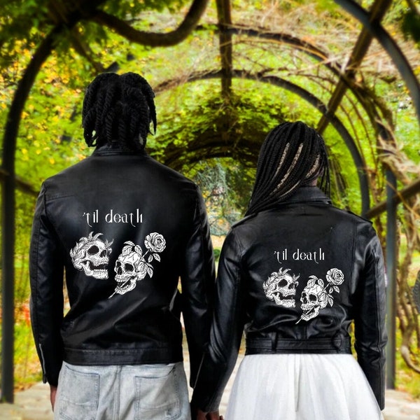 Til Death Vegan Leather Motorcycle Jacket | Bride & Groom Black Leather Wedding Day Jackets | Personalized Gothic Biker Jackets