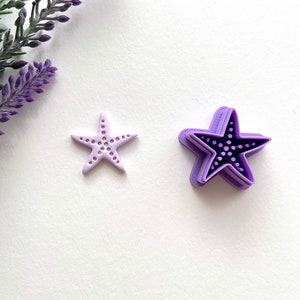 Puede incluir: Un cortador de galletas de plástico de color morado en forma de estrella de mar con una galleta de estrella de mar de color morado más pequeña sobre un fondo blanco.