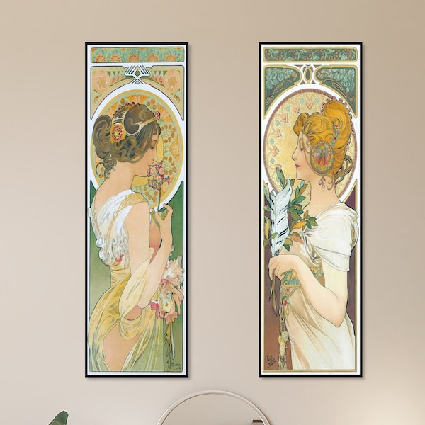 La Primevere and La Plume, The Primrose and The Feather, Art Nouveau Wall Art, Mucha Print, Instant Download