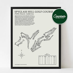 May include: Black and white illustration of the Spyglass Hill Golf Course in Pebble Beach, California. The illustration shows the layout of the golf course with the holes numbered. The text "Courses You Need To Play" is in a green circle in the top right corner of the image.