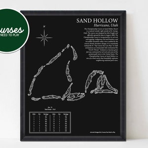 May include: Black and white illustration of a golf course layout with the name "Sand Hollow" and the location "Hurricane, Utah". The illustration includes a compass, a scorecard, and text describing the course.