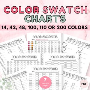 May include: Printable colour swatch charts with the text "COLOR SWATCH CHARTS" and options for 14, 42, 48, 100, 110, or 200 colours. The charts include spaces for colour swatches and the text "COLOR SWATCHES".