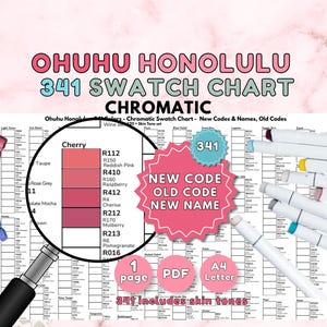 May include: A chromatic swatch chart labelled "OHUHU HONOLULU 341 SWATCH CHART". The chart displays colour codes and names, with a magnifying glass highlighting a colour section. It includes skin tones.