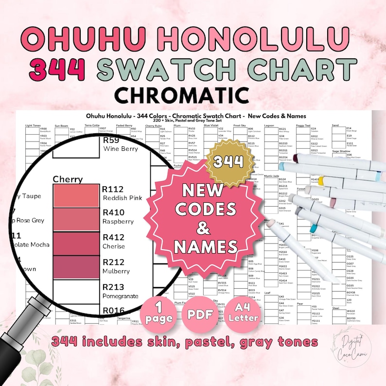 344 Ohuhu Marker Swatch Chart – New Codes and New Names (printable PDF ...