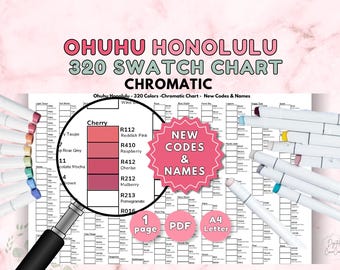 May include: A color swatch chart titled "OHUHU HONOLULU 320 SWATCH CHART CHROMATIC" with a magnifying glass over a color section. The chart includes color codes and names, with markers surrounding the chart. The chart is designed for 320 colors.