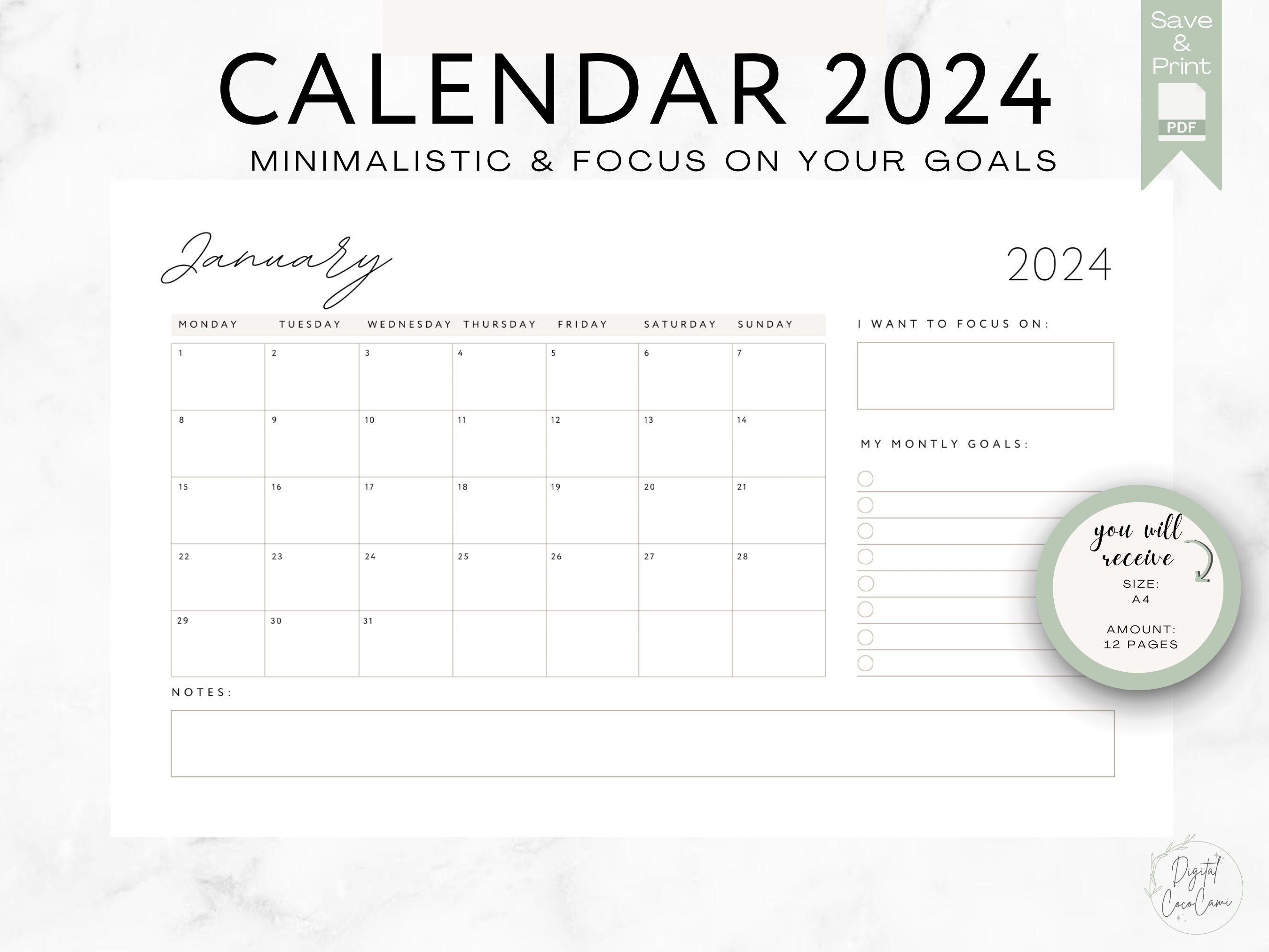 PDF Printable Calendar 2024, Landscape, A4, Monthly Calendar
