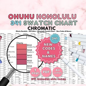 Op de afbeelding: Een kleurenschema met de titel "OHUHU HONOLULU 341 SWATCH CHART CHROMATIC" met een vergrootglas en stiften. De kaart bevat 341 kleuren, nieuwe codes en namen, met huidtinten. De kaart is beschikbaar in PDF-formaat en A4-formaat.