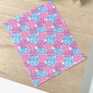 May include: A white card with a repeating pattern of pink and blue flowers. The flowers are drawn in a detailed, realistic style.