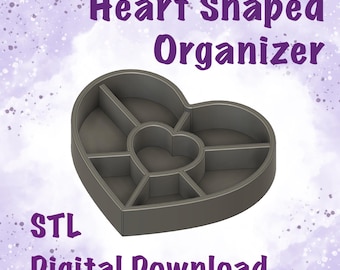 May include: A gray heart-shaped organizer with six compartments. The organizer is a digital download in STL format.
