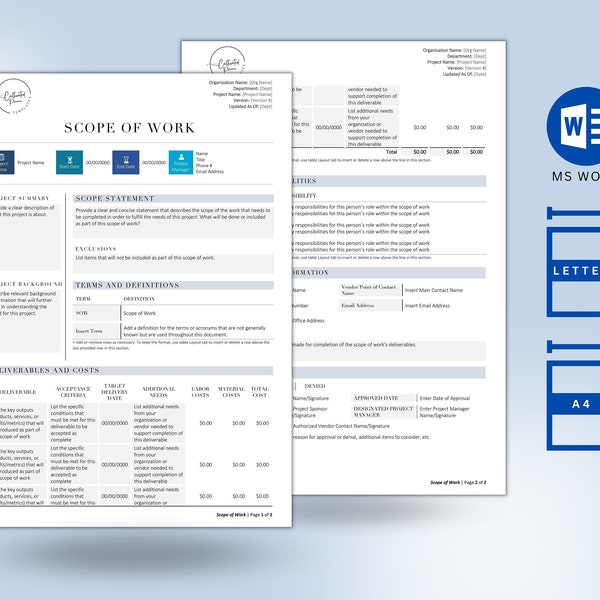 Scope of Work Template | SOW Template | Project Management | MS Word | Deliverables | Vendor Contract | Statement of Work | Project Scope