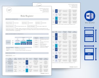 Op de afbeelding: Een blauwe en witte risico-register sjabloon voor projectmanagement. De sjabloon bevat secties voor project overzicht, risicobeoordelingsstrategie en risico-register. De sjabloon is ontworpen om te helpen bij het identificeren, beoordelen en beheren van risico's in een project.