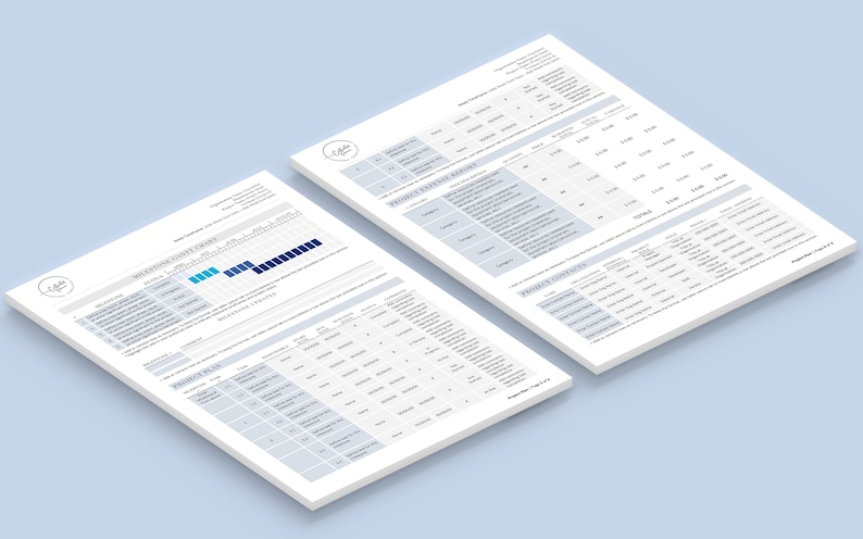 Puede incluir: Dos p&aacute;ginas de un documento con un esquema de color azul y blanco. La primera p&aacute;gina se titula "Gr&aacute;fico de costo relativo" y muestra un gr&aacute;fico de barras con barras azules y negras. La segunda p&aacute;gina se titula "Informe de estado del proyecto" y muestra una tabla con columnas para "Categor&iacute;a", "Estado", "Inicio", "Fin" y "Progreso".