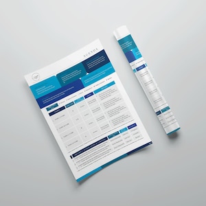 May include: A white agenda sheet and a matching rolled-up document, both with blue and teal accents. The agenda sheet has the word "AGENDA" at the top and a table with rows and columns. The rolled document has a similar design.