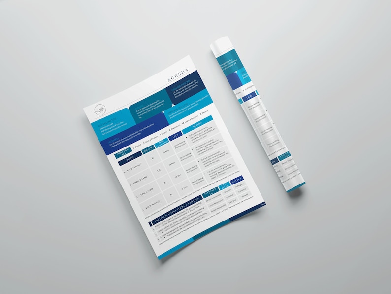 May include: A white agenda sheet and a matching rolled-up document, both with blue and teal accents. The agenda sheet has the word "AGENDA" at the top and a table with rows and columns. The rolled document has a similar design.