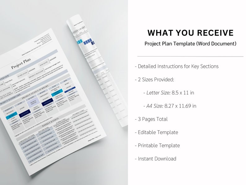 Puede incluir: Una plantilla de plan de proyecto en un documento de Word. La plantilla incluye un panel de control del proyecto, un resumen del estado del proyecto, tareas semanales y un diagrama de Gantt. La plantilla est&aacute; disponible en dos tama&ntilde;os: Carta (8,5 x 11 pulgadas) y A4 (8,27 x 11,69 pulgadas).
