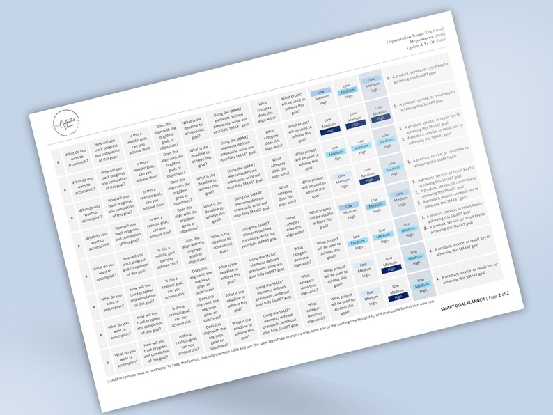May include: A white and blue SMART goal planner with a grid of questions to help you create and track your goals. The planner includes a section for identifying the product, service, or result key to achieving your SMART goal.