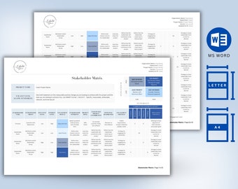 Può includere: Un modello di matrice degli stakeholder con uno schema di colori blu, grigio e bianco. La matrice viene utilizzata per valutare l'interesse e l'influenza degli stakeholder su un progetto. Il modello include colonne per il nome dello stakeholder, il dipartimento, il livello di interesse, il livello di influenza, la strategia di coinvolgimento, la priorità, il ruolo, l'impatto sul cliente e i rischi potenziali.