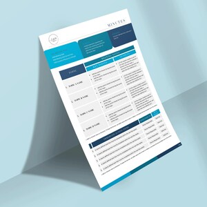 May include: A white document titled "MINUTES" with blue and teal accents. The document is angled and features sections for topic, key points, meeting notes, and action items. The document has a minimalist design.