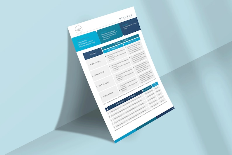 May include: A white document titled "MINUTES" with blue and teal accents. The document is angled and features sections for topic, key points, meeting notes, and action items. The document has a minimalist design.
