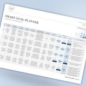 May include: A SMART Goal Planner worksheet with a blue background. The worksheet is divided into columns with headings such as "Specific", "Measurable", "Attainable", "Relevant", "Timebound", and "SMART Goal (Verbally Written)". The worksheet also includes a "Priority Matrix" with headings such as "Effort", "Impact", "Priority Level", and "Key Deliverables".