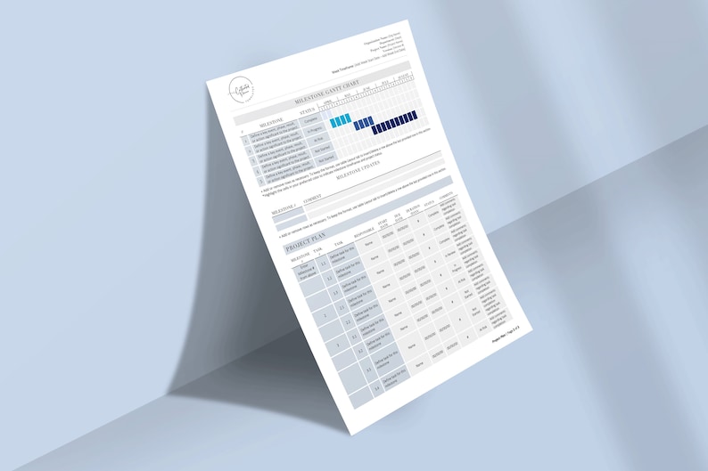 Puede incluir: Una plantilla de plan de proyecto con un diagrama de Gantt de hitos y una tabla de plan de proyecto. El diagrama de Gantt muestra la l&iacute;nea de tiempo para los diferentes hitos, y la tabla de plan de proyecto enumera las tareas, las fechas l&iacute;mite y los recursos para cada hito.