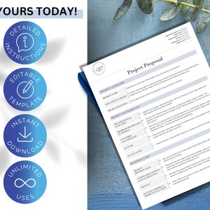 K&ouml;nnte beinhalten: Eine Projektvorlagen-Vorlage mit einem blauen und wei&szlig;en Farbschema. Die Vorlage ist editierbar, kann sofort heruntergeladen werden und hat unbegrenzte Verwendungsm&ouml;glichkeiten. Der Text "All Yours Today!" befindet sich oben auf der Seite.