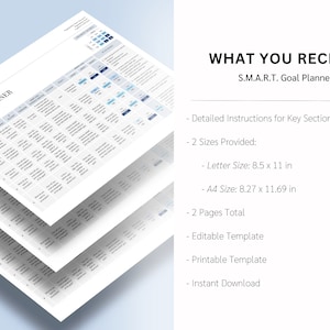May include: A printable S.M.A.R.T. Goal Planner template with detailed instructions for key sections. The planner is available in two sizes: Letter (8.5 x 11 inches) and A4 (8.27 x 11.69 inches).