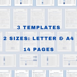 May include: A collage of 14 pages showing 3 different project proposal templates in two sizes: Letter and A4. The text "3 Templates, 2 Sizes: Letter & A4, 14 Pages" is displayed in blue text on a light blue background.