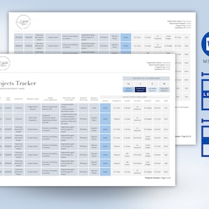 May include: A black and white printable project tracker template with the title "Projects Tracker" and "Program/Department Name". The template includes columns for project name, start date, end date, duration, project status, and more.