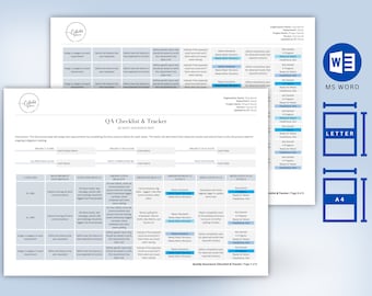 May include: A blue and white checklist and tracker document with the title "QA Checklist & Tracker" and the subtitle "Quality You Can Manage Test". The document includes sections for "Test Process", "Test 1", "Test 2", and "Test 3".