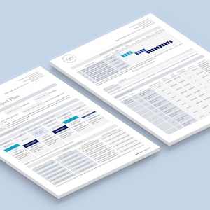 Puede incluir: Dos documentos de planificaci&oacute;n de proyectos con un esquema de color azul y blanco. El primer documento se titula "Plan de proyecto" e incluye una l&iacute;nea de tiempo del proyecto, un resumen del estado del proyecto y tareas semanales. El segundo documento se titula "Calendario de contenido de marketing" e incluye un calendario con tareas y plazos.