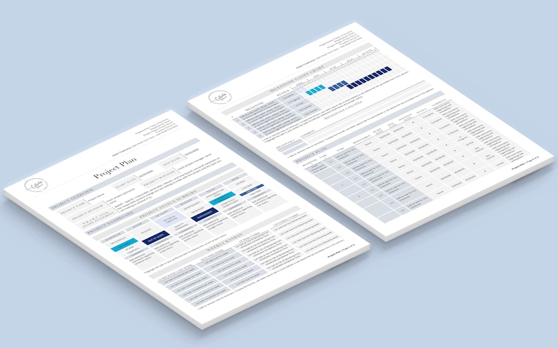 Puede incluir: Dos documentos de planificaci&oacute;n de proyectos con un esquema de color azul y blanco. El primer documento se titula "Plan de proyecto" e incluye una l&iacute;nea de tiempo del proyecto, un resumen del estado del proyecto y tareas semanales. El segundo documento se titula "Calendario de contenido de marketing" e incluye un calendario con tareas y plazos.