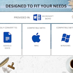 K&ouml;nnte beinhalten: Eine blaue und wei&szlig;e Grafik, die die Kompatibilit&auml;t eines in Microsoft Word erstellten Dokuments zeigt. Das Dokument kann einfach in Google Docs konvertiert werden und ist sowohl mit Mac als auch mit Windows-Betriebssystemen kompatibel.