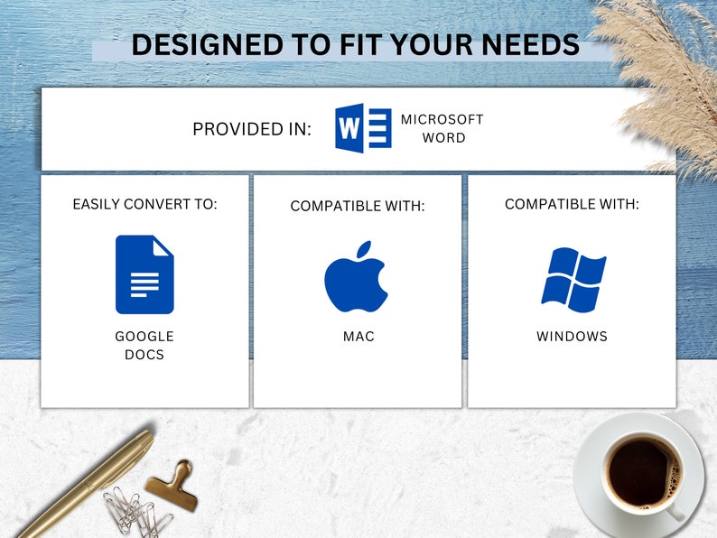 K&ouml;nnte beinhalten: Eine blaue und wei&szlig;e Grafik, die die Kompatibilit&auml;t eines in Microsoft Word erstellten Dokuments zeigt. Das Dokument kann einfach in Google Docs konvertiert werden und ist sowohl mit Mac als auch mit Windows-Betriebssystemen kompatibel.
