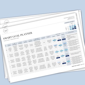 May include: A white and blue SMART GOAL PLANNER worksheet with a grid for setting goals. The worksheet includes columns for specific, measurable, attainable, relevant, and time-bound goals. The worksheet also includes a priority matrix.