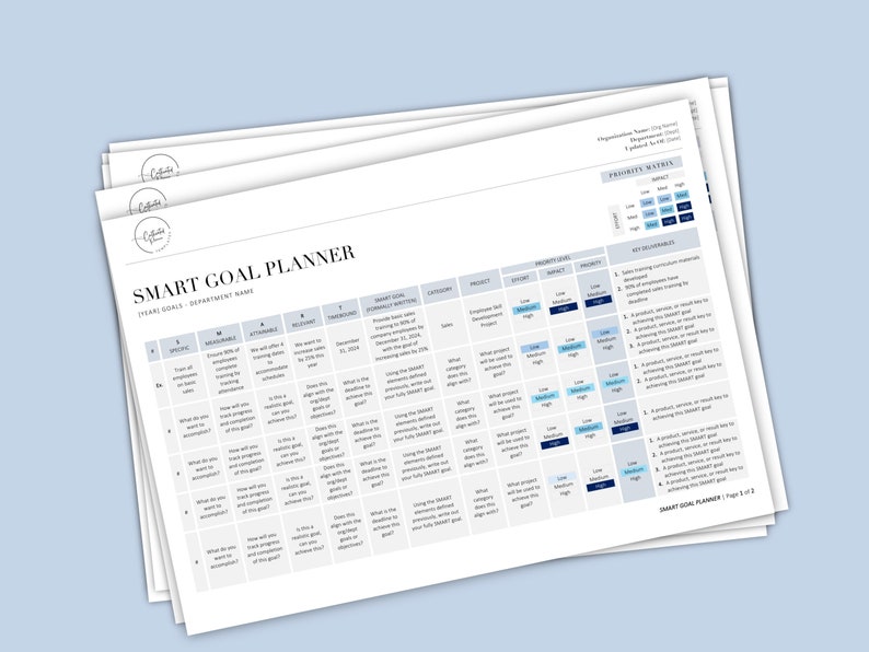 May include: A white and blue SMART GOAL PLANNER worksheet with a grid for setting goals. The worksheet includes columns for specific, measurable, attainable, relevant, and time-bound goals. The worksheet also includes a priority matrix.