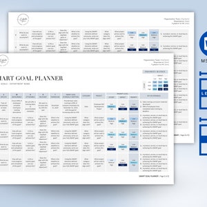 Könnte beinhalten: Ein SMART Goal Planner-Arbeitsblatt mit einem blauen und weißen Farbschema. Das Arbeitsblatt ist in Spalten mit Überschriften wie "Spezifisch", "Messbar", "Erreichbar", "Relevant", "Zeitgebunden", "SMART-Ziel formell formuliert", "Kategorie", "Projekt", "Aufwand", "Auswirkung", "Priorität" und "Prioritätsmatrix" unterteilt.